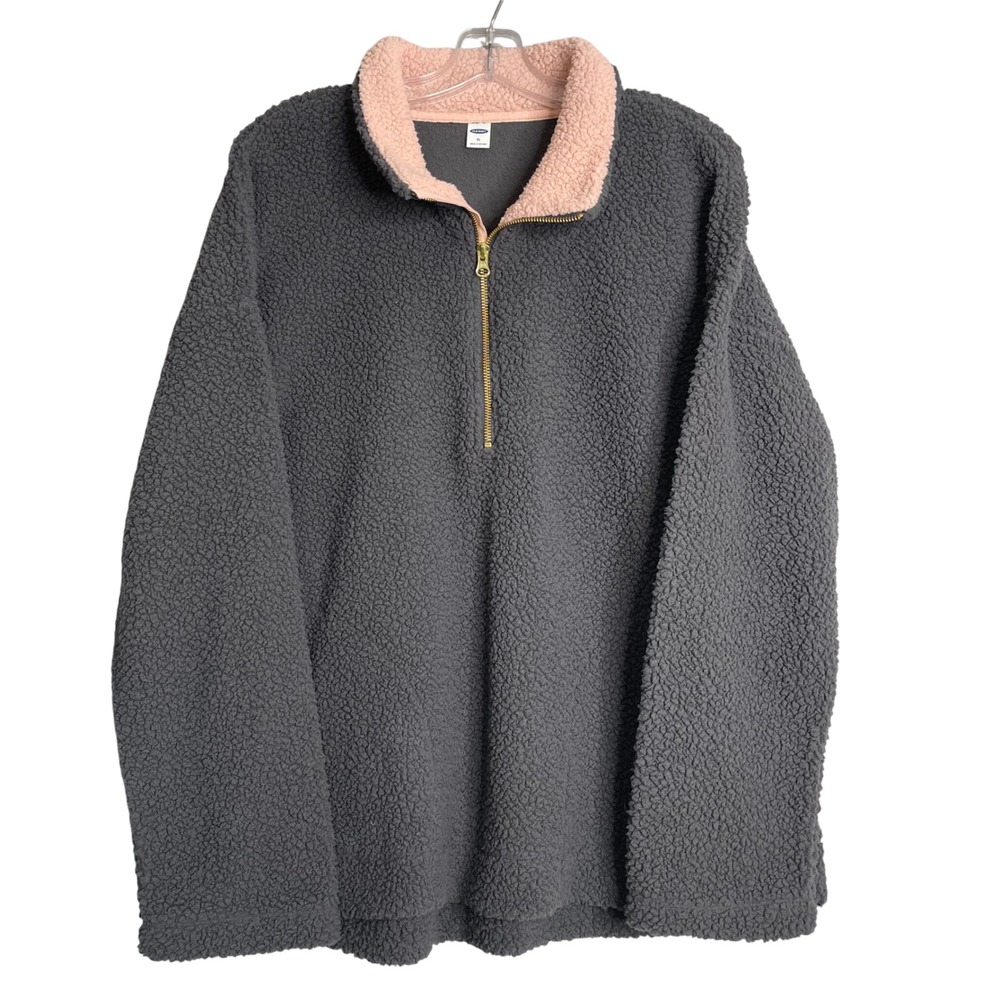 New Old Navy Sherpa 1/2 Zip Pullover Womens XL Dark Charcoal Gray Pink Preppy